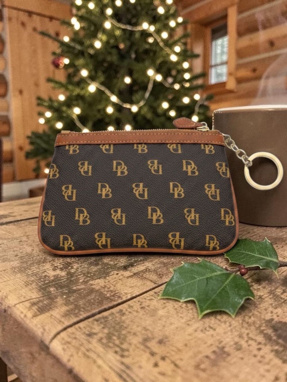 Dooney & Bourke Brown Monogram Zip Key Pouch with Tan Trim
